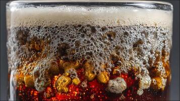 Close up of fizzy soda bubbles in a glass with refreshing foam. photo