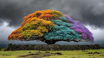 A Magical Tree Showcases a Spectrum of Vibrant Colors Against a Moody Sky. photo