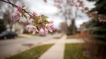 Delicate Pink Cherry Blossoms Bloom on a Serene Spring Sidewalk. photo