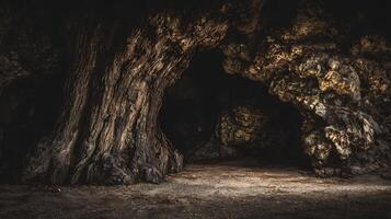 Mysterious Ancient Tree Entrance with Rocky Cave Atmosphere. photo