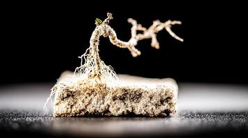 Tiny plant emerges from the soil, a symbol of new beginnings. photo