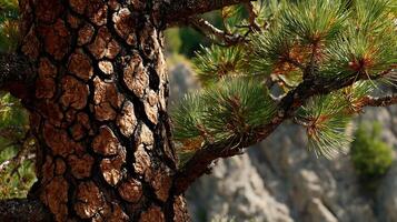Detailed Pine Tree Bark and Green Needles on a Sunny Day. photo