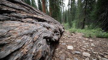 Giant Fallen Tree on Forest Trail Path Through Tall Green Trees. photo