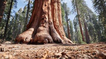 Majestic Redwood Tree Base with Forest Floor and Sky. photo
