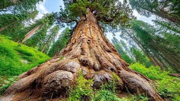 Ancient Sequoia Tree Majestic Trunk and Lush Forest Canopy Below. photo