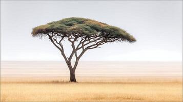 Lone Acacia Tree in a Vast, Golden Savannah Under a Bright Sky. photo