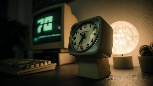 Retro desk setup with an old computer and alarm clock. photo