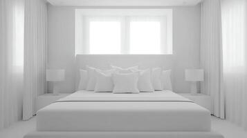 Serene White Bedroom with Soft Natural Light and Cozy Pillows. photo