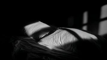 dramático luz de sol caídas en un acogedor cama en un oscuro habitación. foto