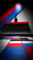 Minimalist Design with Blue Vase on Red Shelf and Colorful Floor. photo