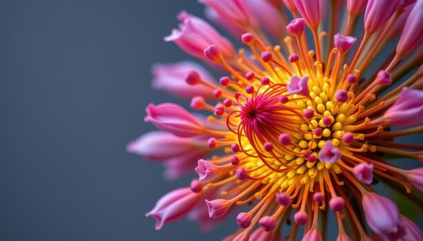 close up view of the spiral structure of globe amaranth flowers glowing on a soft gray background. photo