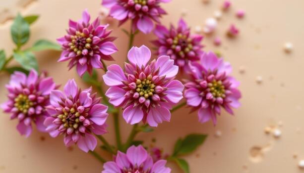 close up view of globe amaranth flowers with round, clover like heads captured sharply on a flat beige background. photo