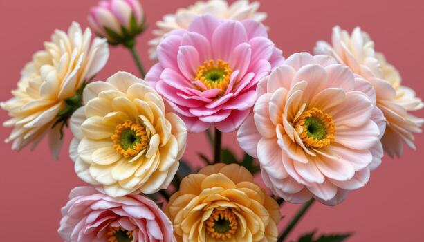 close up view of pastel ranunculus flowers with multi layered petals against a dusty rose backdrop. photo