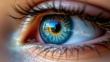 close up view of deep blue irises with golden accents in the center captured clearly on a clean tan background. photo