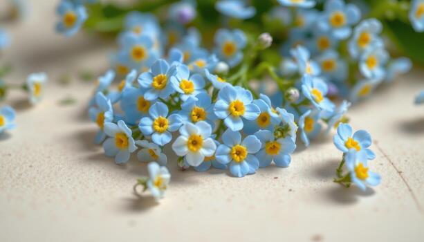 close up view of delicate forget me nots with soft blue petals and yellow eyes scattered gently on a matte cream surface. photo