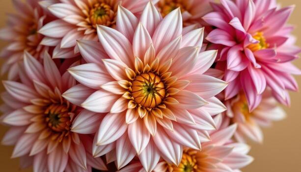 close up view of dahlia flowers with meticulously symmetrical petals radiating from the center on a warm beige background. photo