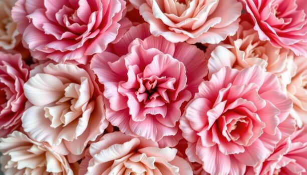 close up view of pink carnations with frilled edges and soft tones layered beautifully against a creamy white background. photo