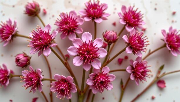 close up view of globe amaranth flowers with round shapes and deep pink tones resting on a pale neutral background. photo