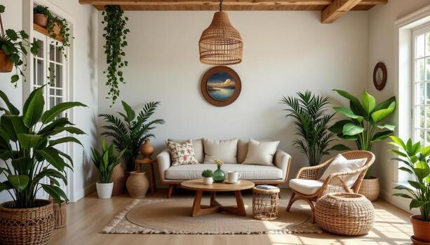 a boho style room with layered greenery, wicker textures, and not a soul in sight. photo