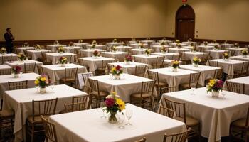 a neat grid of square tables each with matching flower vases in a quiet event space, perfectly aligned. photo