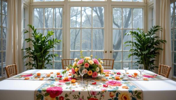 a table covered in white linen and decorated with bright floral runners, under diffused skylight. photo