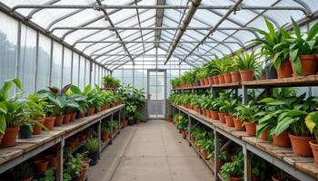 a quiet greenhouse with shelves lined with decorative tropical plants in clay pots, surrounded by glass panels and diffused light, completely empty of life. photo