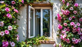 a narrow window framed with climbing flowering vines, open to sunlight but completely uninhabited. photo