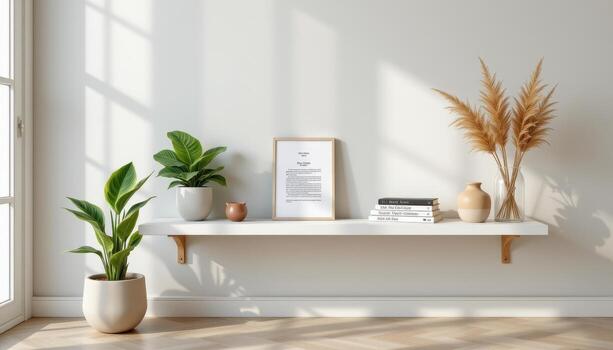 a minimalist reading shelf flanked by snake plants and decorative grasses, placed in a lifeless, calm setting. photo
