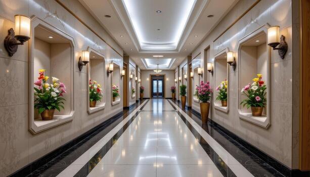 a decorative hallway with floral arrangements placed in niches along the wall, under soft ambient lighting, completely devoid of life. photo