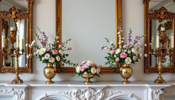 a decorative mantelpiece with symmetrical flower arrangements in brass vases, surrounded by ornate frames and silence. photo