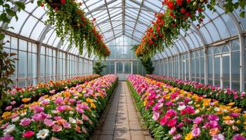 a serene greenhouse with perfectly lined rows of blooming ornamental flowers, framed by arched glass panels and complete silence. photo