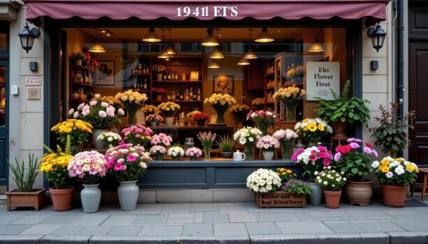 a flower shop display after closing, with arranged bouquets and potted flowering plants under warm lighting. photo