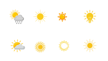 Collection of sun and weather icons, sunny, cloudy, rainy, abstract, plus energy and idea symbols. png