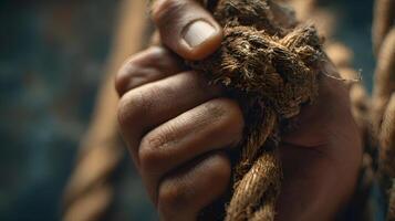 Hand gripping rope symbolizing strength and struggle photo