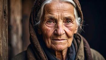 Intimate Portrait of a Wise Elderly Woman with Brown Shawl and Silver Hair. photo