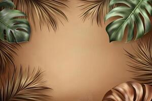 Tan Background with Monstera and Palm Leaves photo
