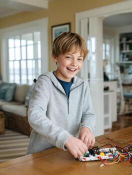 Boy smiling while assembling electronic circuit board with wires at home table, enjoying creative learning and technology fun photo