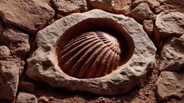 Ancient fossil shell embedded in rough textured stone rock surface with natural earthy tones and detailed patterns photo