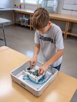 Boy working on robotics project with electronic components and wires on table in classroom photo