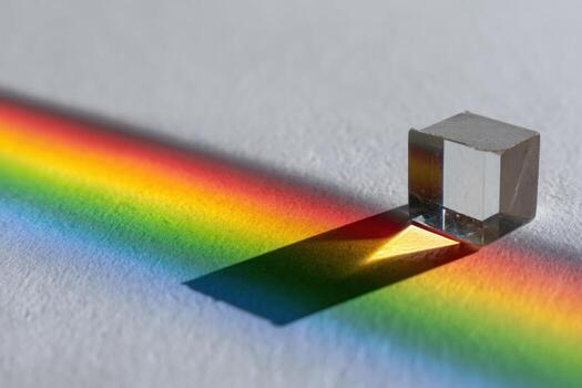 Glass prism casting colorful rainbow light spectrum on white surface with sharp shadow photo