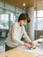 Boy working on electronic circuit board with wires on table in modern classroom, focused and engaged in STEM project photo