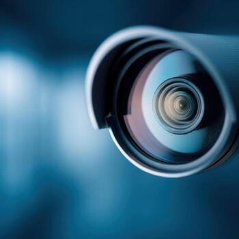 Security camera lens close up with blue background, technology concept for surveillance and monitoring systems photo