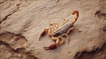 Scorpion on rough desert rock surface with curled tail and large pincers, showcasing natural texture and earthy tones in dry environment photo