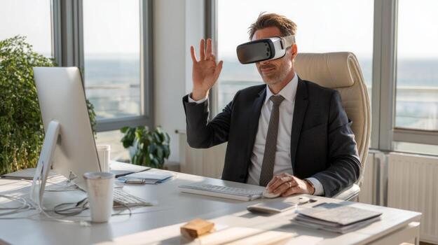 Businessman in suit using virtual reality headset in modern office, interacting with digital content with focused expression photo