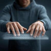 Man typing on transparent virtual keyboard with focused hands and dark background, showing technology and innovation photo