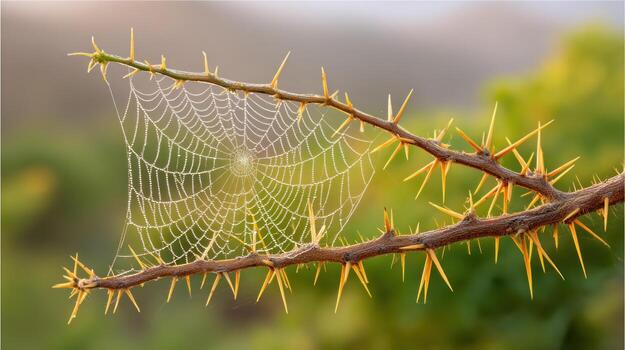 Spider web with dew drops on thorny branch in natural outdoor setting with soft background and warm light photo