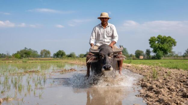 Man riding water buffalo splashing through muddy rice field under blue sky with green trees and rural landscape in background photo