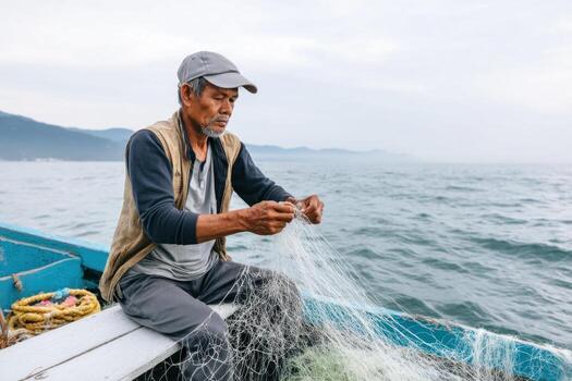 Fisherman repairing fishing net on boat with ocean and mountains in background, focused man working outdoors in calm weather photo