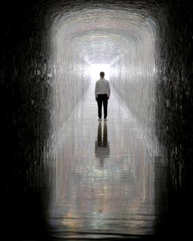 Man stands alone in reflective tunnel with bright light at end, creating mysterious and contemplative atmosphere photo