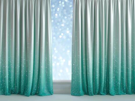 Turquoise and white gradient curtains with sparkling details hang in front of window with soft bokeh light creating calm and elegant atmosphere photo